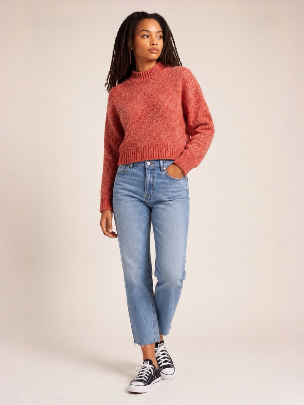 Free People Stardust Sweater S Coral Pink Marled Mock Neck Slouchy NWOT